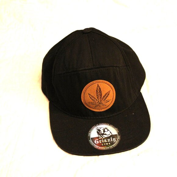 Grizzly Lids Hemp Leaf Design Leather Patch Black Hat with Adjustable Strap - Picture 1 of 6